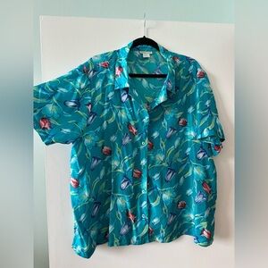 Vintage Cynthia Taylor Teal 100% Silk Floral Blouse shirt with tulips
